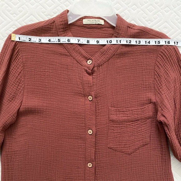 Polagram gauze cotton boho button down long sleeve tunic, sienna brown - Picture 4 of 9